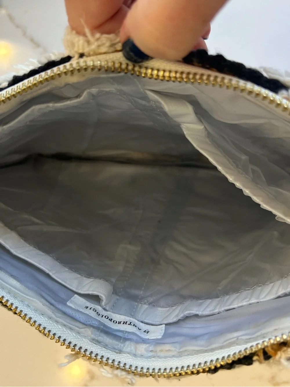 Anthropologie White Quilted Cosmetic Pouch with Gold Zipper